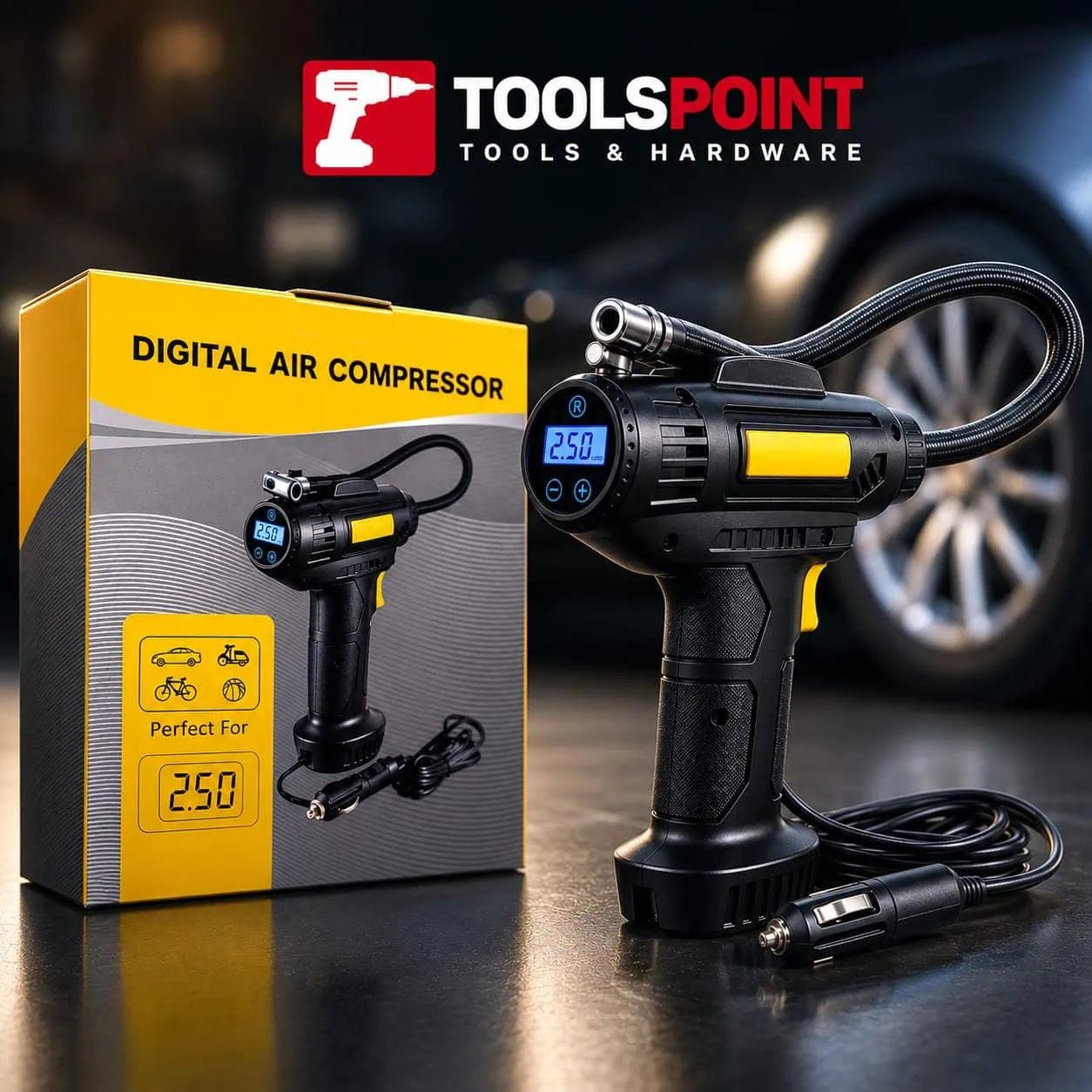 Digital Air Compressor for Car — 12V Portable Tyre  Inflator with LCD Display & Auto Shut-Off